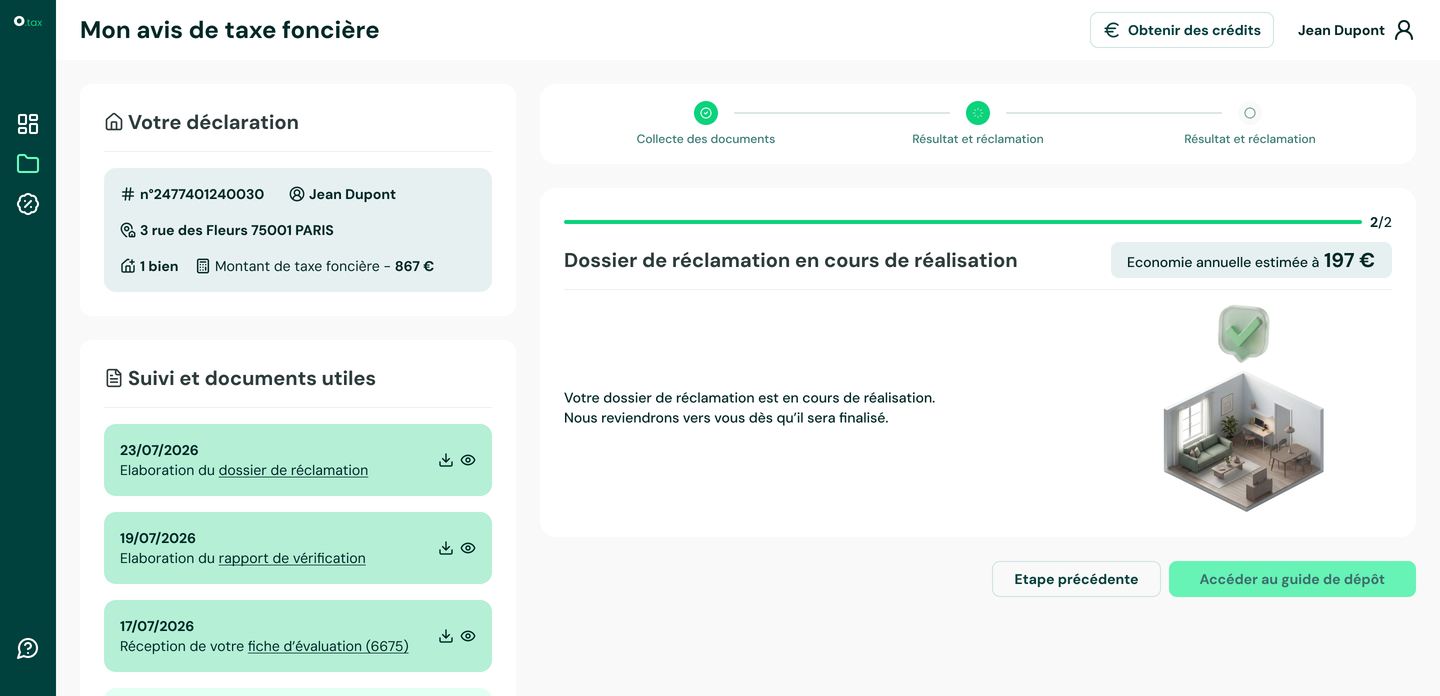 Espace Orka.tax : dossier de réclamation de taxe foncière en cours de réalisation