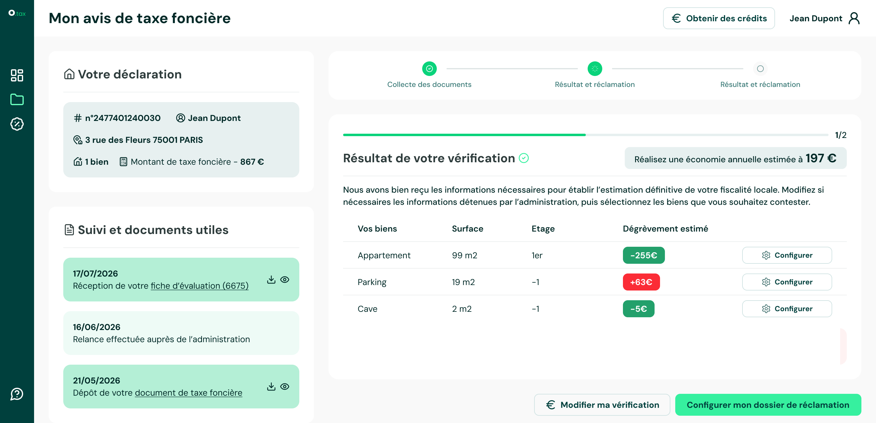 Espace Orka.tax : résultat de l'analyse complète de taxe foncière, dégrèvement estimé bien par bien